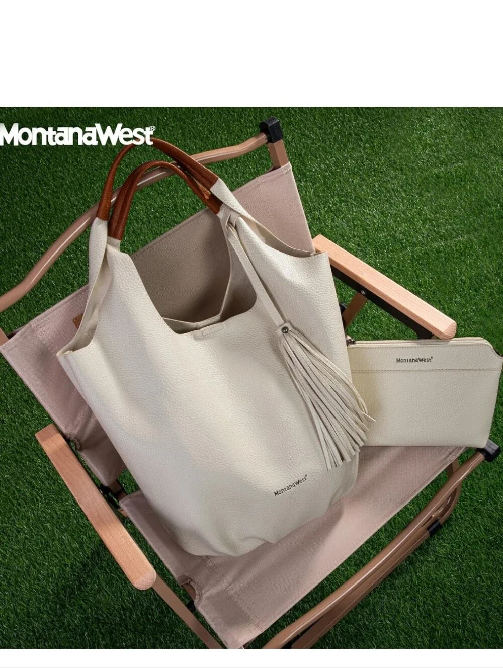 Montana West Cream Hobo Bag with Brown Accent Handle and Pouch